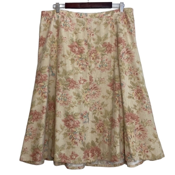 Vintage Skirt Womens 18 Beige Pink Floral Midi Linen Skirt 90s Romantic Whimsy - Picture 2 of 12